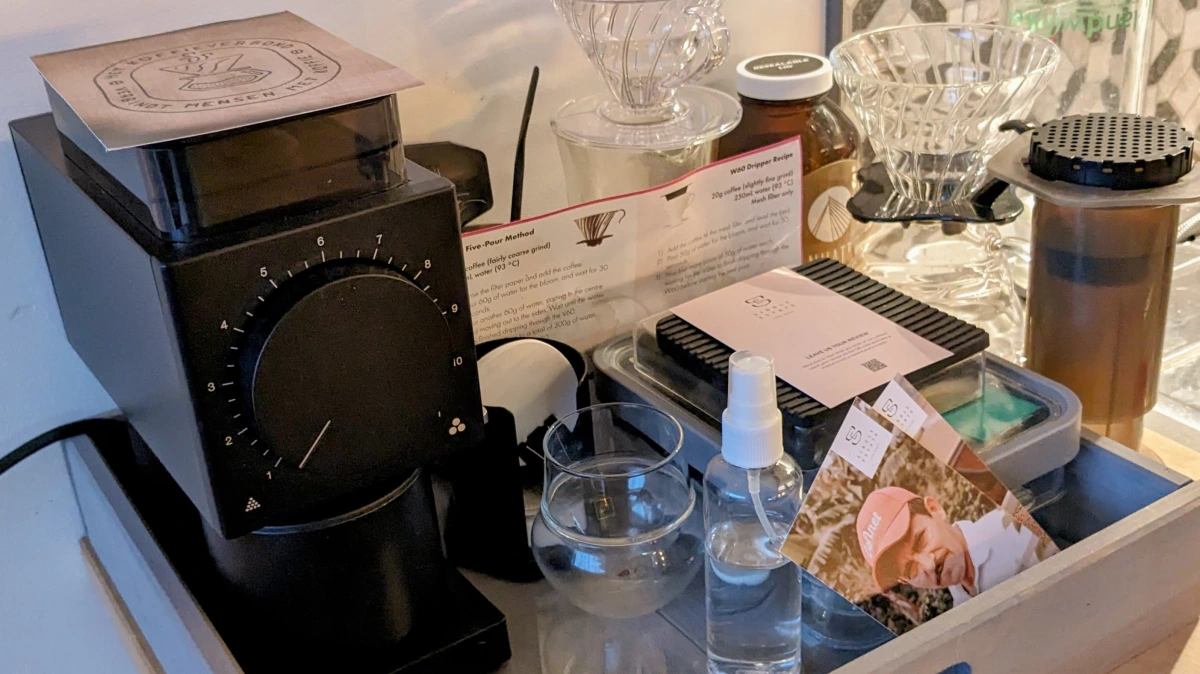 home barista setup with filter and grinder